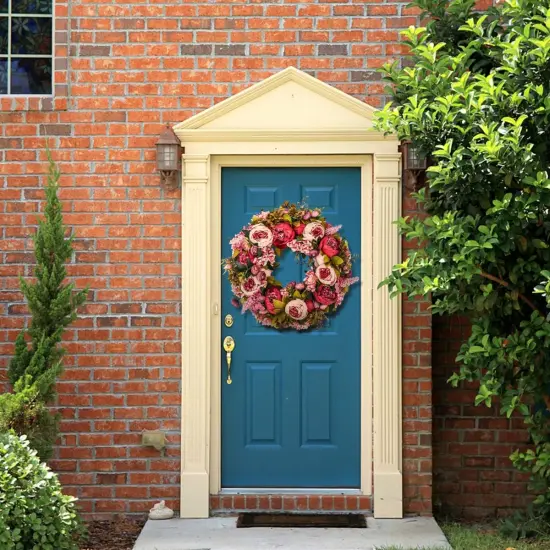 Artificial Peony Flower Wreath 19Inch Vintage Blooming Silk Peonies Spring {4}