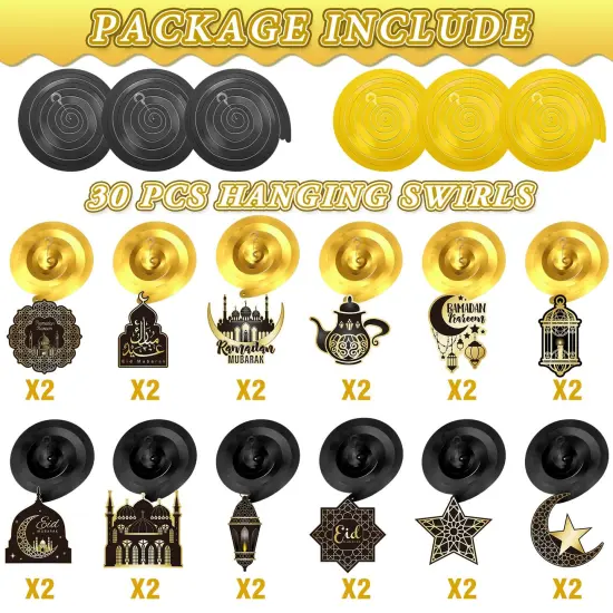 30 Pieces Ramadan Hanging Swirl Decorations, Eid Mubarak Ramadan Ceiling Decorations for Home, Foil Hanging Swirl Streams Eid Kareem Theme Decorations for Muslim Ramadan Party Supplies {6}