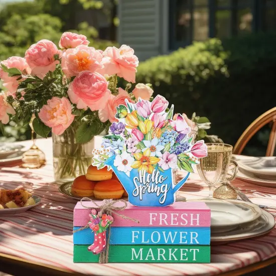 Spring Table Decorations Hello Spring Wooden Signs Flower Book Stack Decor Farmhouse Tabletop Centerpieces Easter Decor for Home Table Kitchen Shelf Tiered Tray {5}