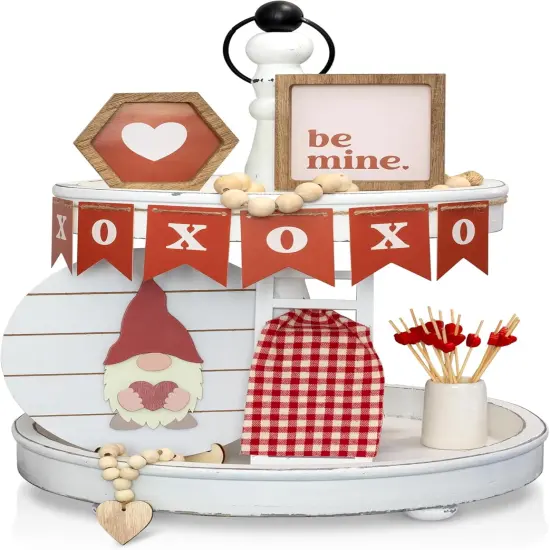 Beautiful Tiered Tray Decor Set for Valentines Day - Interchangeable All Season Decorations Bundle Incl. Easter, Spring & More - Modern Farmhouse Centerpiece for Home & Kitchen Decor {1}
