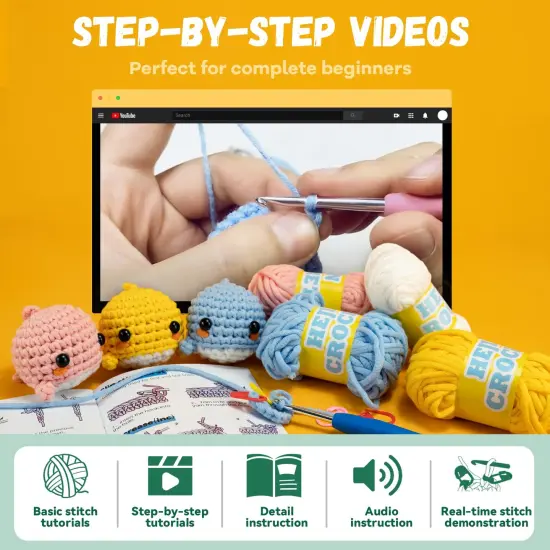 Beginner Crochet Kit, Crochet Kits for Kids and Adults, 3PCS Crochet Animal Kit for Beginners Include Videos Tutorials, Yarn, Eyes, Stuffing, Crochet Hook - Boys and Girls Birthdays Gift {6}