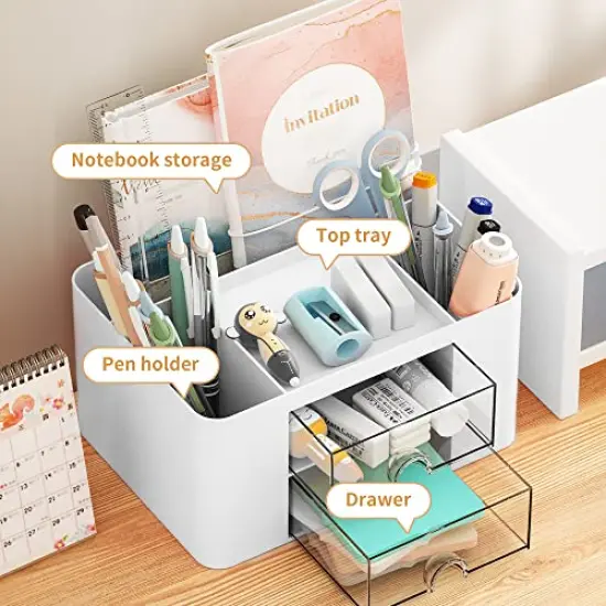 Pen Organizer with 2 Drawer, Multi-Functional Pencil Holder for Desk, Desk Organizers and Accessories with 5 Compartments + Drawer for Office Art Supplies (White) {1}