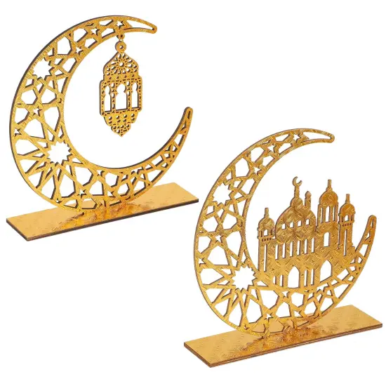 2 Pieces Wood Ramadan Decorations Islamic Eid Mubarak Kareem Table Sign Moon Hollow Star Ornament for Muslim Party Tabletop Decor Home Art Craft Decoration Golden Moon {1}