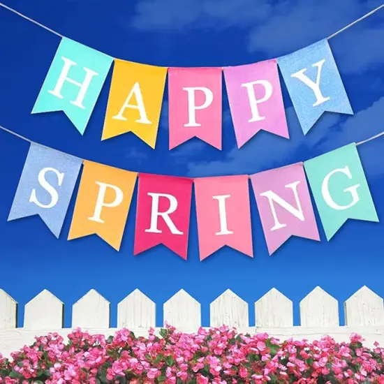 Hello Spring Banner Burlap Happy Spring Decorations Felt Easter Decor Garland Spring Themed Party Supplier for Mantle Office Classroom {1}