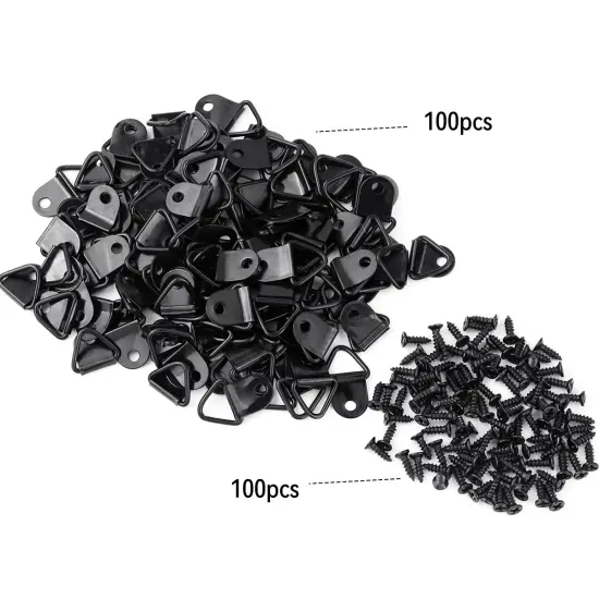 100 Pack Steel Picture Hangers with 100pcs 8mm Screws, Small Triangle Ring, Light Duty D Rings for Clock, Decoration, Mirror, Paintings, Artwork Picture Frame (Black) {1}