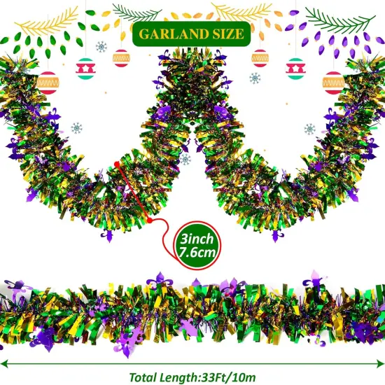33Ft Mardi Gras Tinsel Garland, Glitter Tinsel Garland for Mardi Gras Tree Decorations, Purple Green Gold Metallic Fluffy Hanging Party Ornaments for Mantle/Ceiling/Stairs/Porch Outdoor Decor {2}