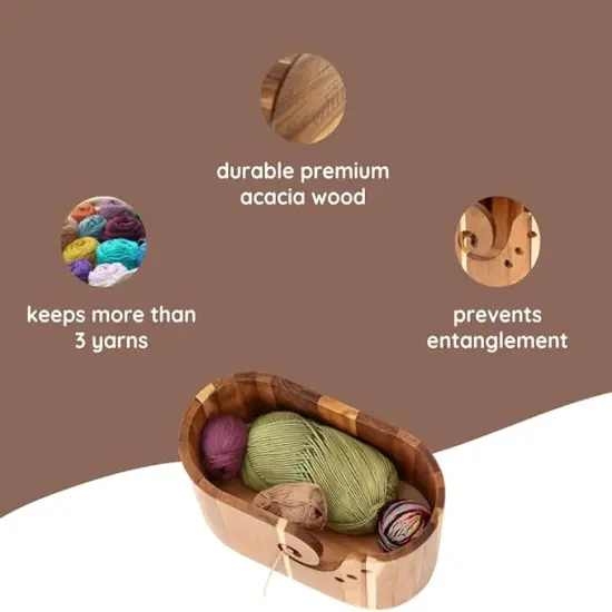 Acacia Wooden Yarn Bowl Holder Extra Large (11.9'' x 5.9'' x 5.9'') Large Yarn Bowls for Crocheting Yarn Holder Bowl Yarn Bowl Wood Crochet Bowl Gift For Knitters Yarn Storage {3}