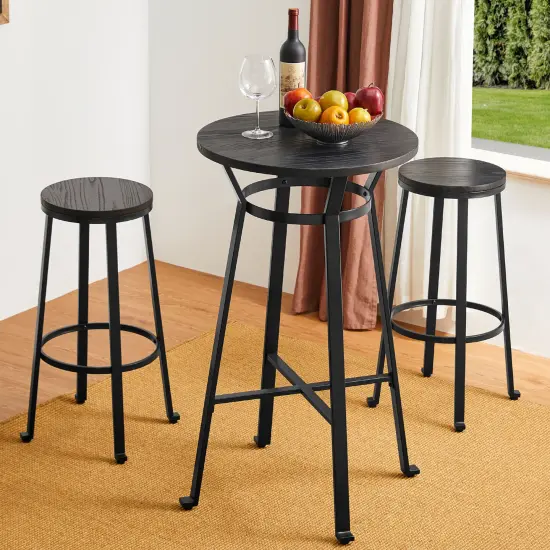 Set of 3 Steel Bar Table and Bar Stool Pub Set (1 Table+2 Stools) Black {8}