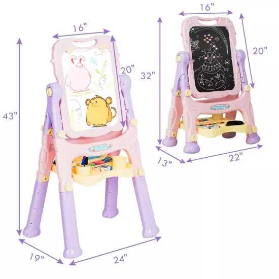 Kids Easel Double Sided Art Easel Painting Play 2 Adjustable Height Purple {4}