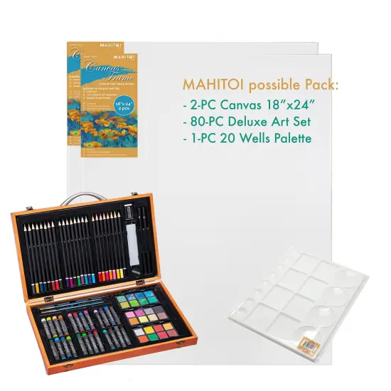 MAHITOI US 80+Piece Deluxe Artist Studio Creativity Set Wood Box Case - Art Painting, Sketching Drawing Set, 24 Watercolor Paint Colors, 24 Oil Pastels, 24 Colored Pencils, 2 Brushes, Starter Kit {4}
