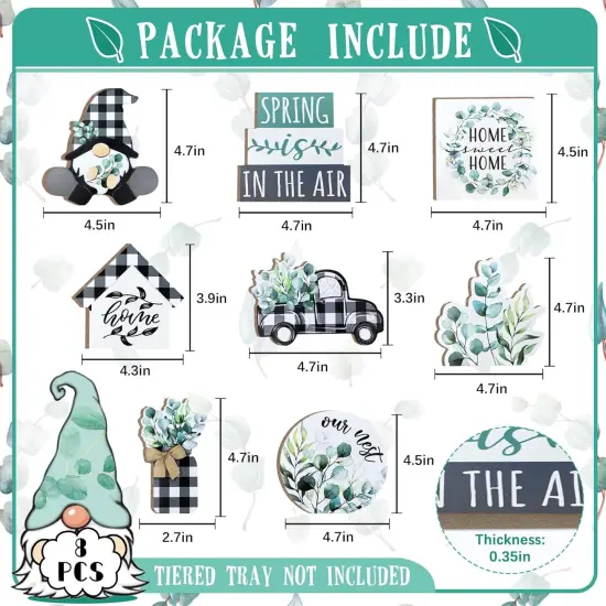 Spring Tiered Tray Decor, Farmhouse Eucalyptus Leaves Tray Decorations, Spring Gnome Wreath Buffalo Plaid Mason Jar Truck Wooden Signs, Rustic Spring Decor for Home Table Shelf Mantel Party {3}