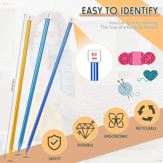 6 Pieces/ 3 Pairs Aluminum Straight Knitting Needles Set, 8 mm, 9 mm and 10 mm,14 Inch Single Point Knitting Needles, Color Extra Long Sweater Straight for DIY Projects {6}