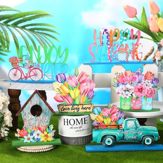 Spring Table Decorations, 6 Pcs Wooden Flower Signs, Rustic Freestanding Tabletop for Party Restaurant Decor (Spring, 4.72 inches / 12 cm) {2}