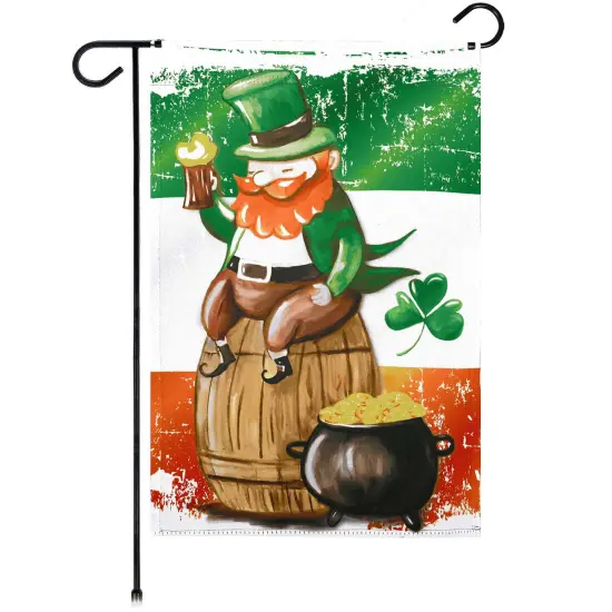 G128 Happy St. Patrick&rsquo;s Day Leprechaun Barrel Gold Garden Flag 12x18 In Double Sided St. Patrick's Day Yard Garden Lawn Decoration {1}