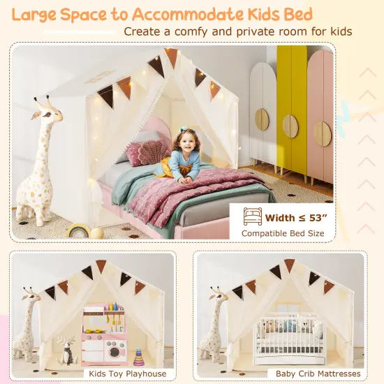 Fabric Large Toddler Playhouse Tent with Door, Curtains, and Windows Beige {6}