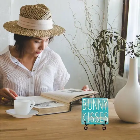 4" Easter Wooden Plaque With A Metal Support - Bunny Kisses - Wood Sign Decor For Spring Easter, Happy Easter Farmhouse, Gift For Kids & Adults, Rustic Tabletop Decorations - E02 {4}