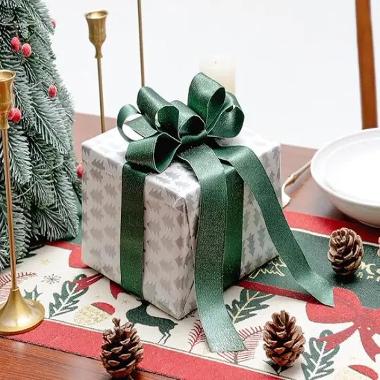 Christmas Ribbon Wired Green Satin Ribbons 1-1/2 Inch Double-Faced Gold Glitter for Tree Decoration, Wreath, Gift Wrapping, Home Decor 10 Yards {4}