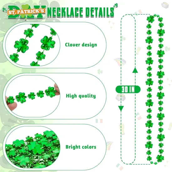 12PCS St Patricks Day Accessories, Shamrock Green Beads St. Patrick's Day Necklace, Irish Saint Patricks Day Necklace Bulk, St. Patricks Day 4 Leaf Clover Decorations Throw for Parade Party Supplies {2}