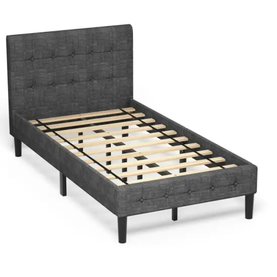 Button Tufted Twin Upholstered Bed Frame with Padded Headboard Grey {7}
