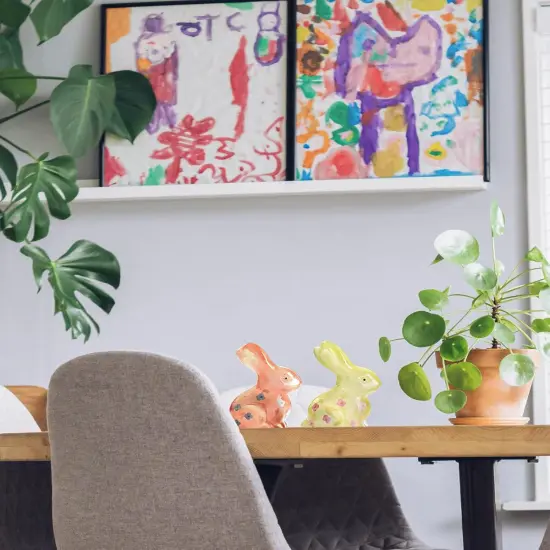 Easter Bunny Decorations Set of 2, Pink and Yellow Glass Rabbit Figurines with Delightful Flower for Spring Tabletop Decor, Indoor Home Decor {5}