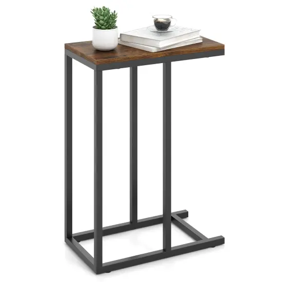 Black Metal C-Shaped Side Table with Sturdy Frame and Space-Saving Design Rustic Brown {4}