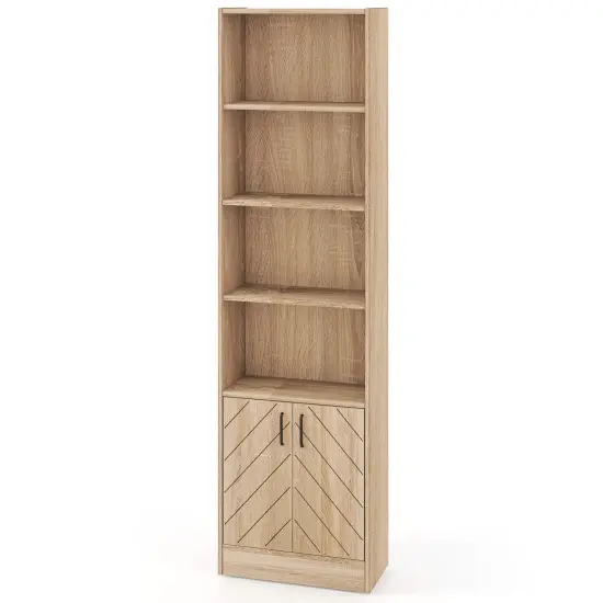 Oak Engineered Wood Bookcase with Vertical Strip Design Adjustable Shelf Double-Door Cabinet and Open Storage {1}