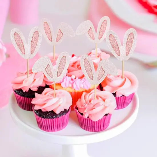 24 Pack Easter Bunny Ear Cupcake Toppers, Pink Glitter Rabbit Ears Cupcake Picks, Easter Day Cake Toppers for Easter Theme Spring Birthday Baby Shower Party Supplies {5}