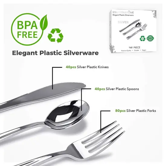 160 Pieces Silver Plastic Cutlery Disposable Silverware - 80 Forks, 40 Knives, 40 Spoons - For Catering, Parties, Dinners, Weddings, and Everyday Use {5}