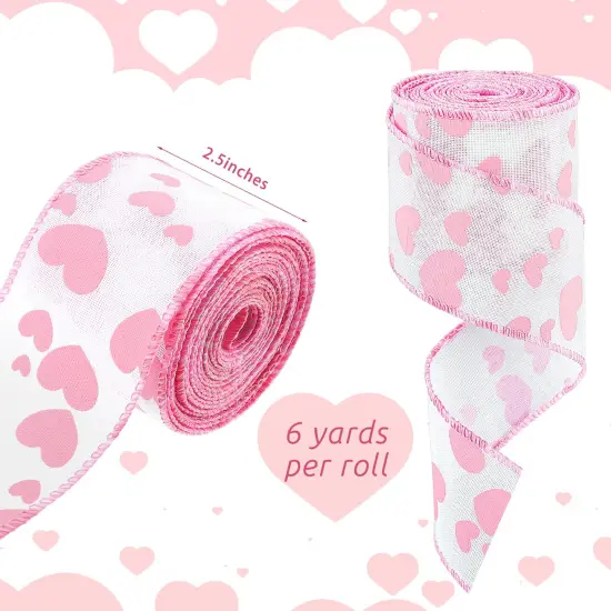 2 Rolls 12 Yards Valentine's Day Burlap Wired Ribbon Heart Printed Love Ribbon Edge Ribbon 2.5 Inch Patterned Hearts for Favor Wrapping Wreaths Craft Prensent Wrapping Decorative Bow (Pink and White) {2}