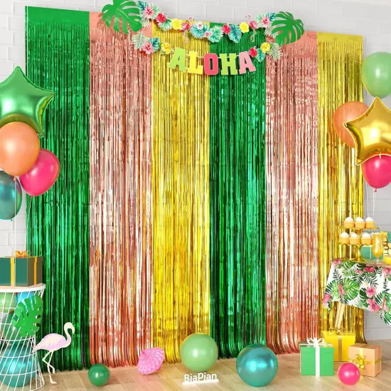 Hawaiian Party Decorations, 2 Packs Foil Fringe Curtains Streamers Green Yellow Rose Gold for Summer Tropical Beach Luau Themed Birthday Baby Shower Party Photo Booth Props Backdrop (3.3ft X 6.6ft) {2}