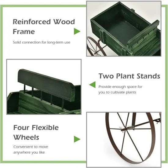 Wooden Garden Wagon Planter with Handle & Wheels Green {2}