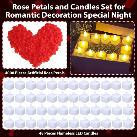 Rose Petals and Candles Set for Romantic Decorations, 48 Romantic Candles with 4000 Fake Rose Petals for Special Night, Hotel Room, Date Night, Bedroom, Valentine's Day Decorations {3}
