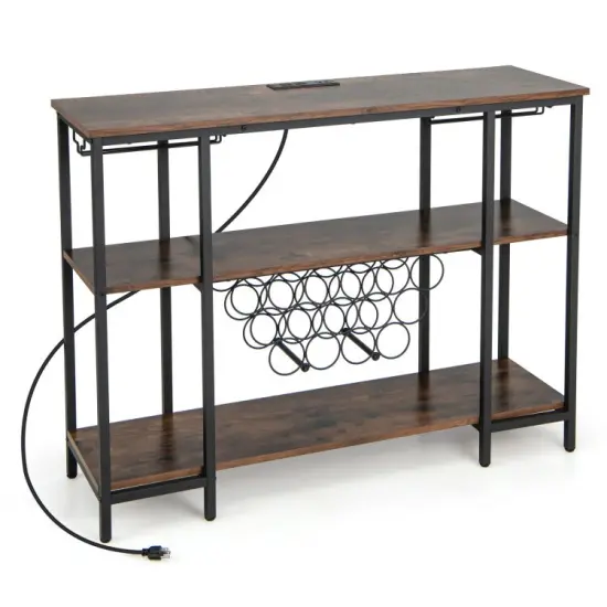 Industrial Wine Rack with Charging Station, 15-Bottle Capacity, 2 Glass Holders & 3 Shelve Grey {7}
