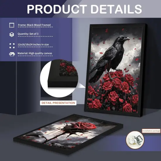 Set of 3 Gothic Wood Framed Halloween Canvas Wall Art {5}