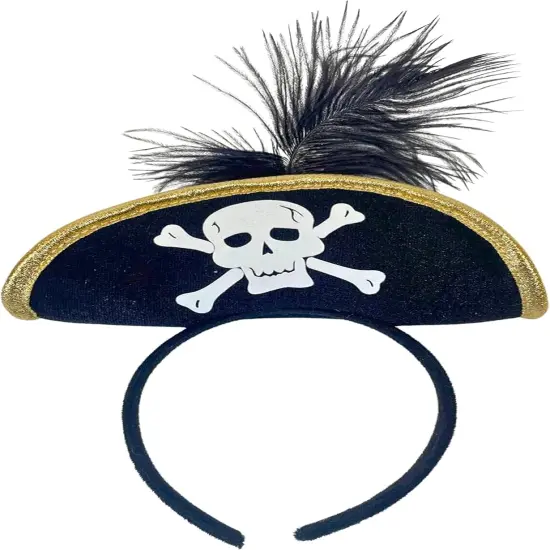 4E's Novelty Black Pirate Headband Hat for Women & Girls &ndash; Mini Pirate Hat with Skull & Feather &ndash; Halloween Pirate Costume Accessories for Adults & Kids, Caribbean Cosplay, Dress Up Party Headwear {1}