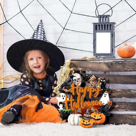 Happy Halloween Wood Wreath Ghost Black Cat Pumpkin Skull {3}