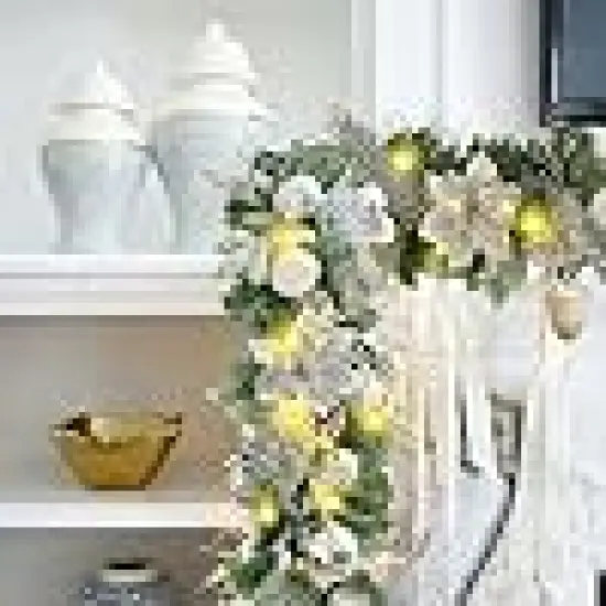 Silver White Christmas Ball Ornaments and Poinsettia FlowersDecorated Garland {2}