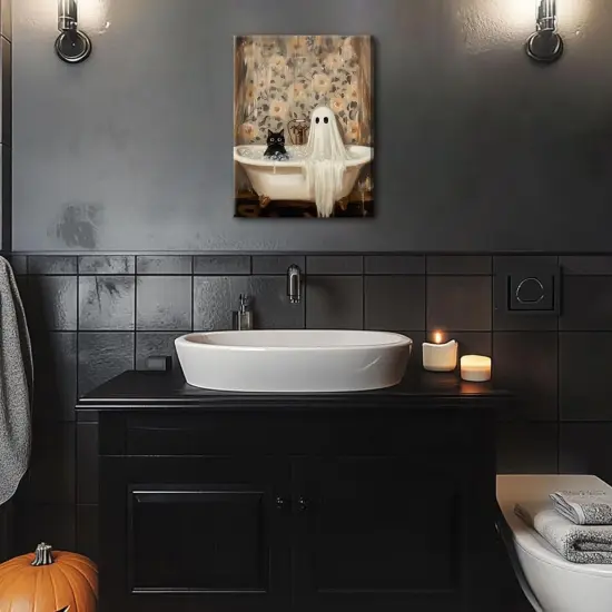 Halloween Ghost Bathroom Canvas Wall Art - 12x16 Inch Framed {2}