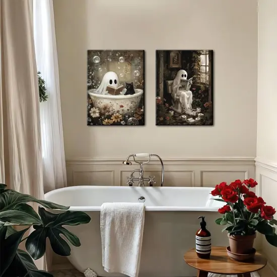 Set of 2 Halloween Ghost Bathroom Wall Art - 12x16 Inch (Framed) {2}
