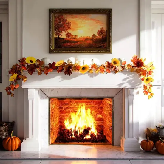 3 Pack Fall Garland for Mantle - 5.6Ft Artificial Maple Vine with Pumpkins & Sunflowers {2}