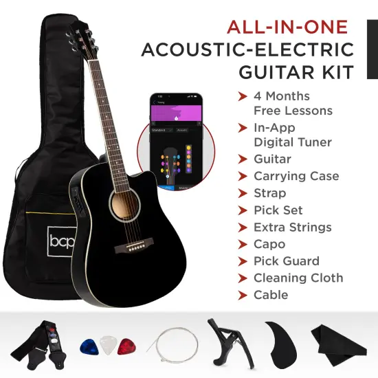 Best Choice Products Beginner Acoustic Electric Guitar Starter Set 41in w/ All Wood Cutaway Design, Case Black {3}