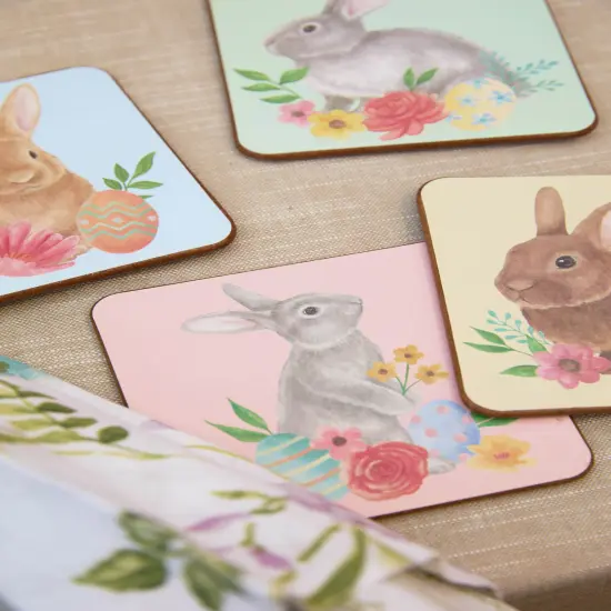 4" Multi-Color Easter Floral Cute Bunny Rabbit Drink Sitter Coasters Set of 4 {6}