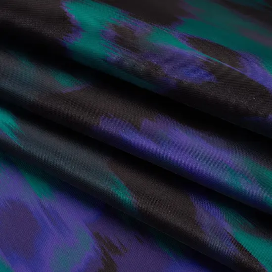 1 Yard Emerald, Black and Ultramarine Blue Ikat Floral Polyester Twill Print Fabric 56 Inch Wide {1}