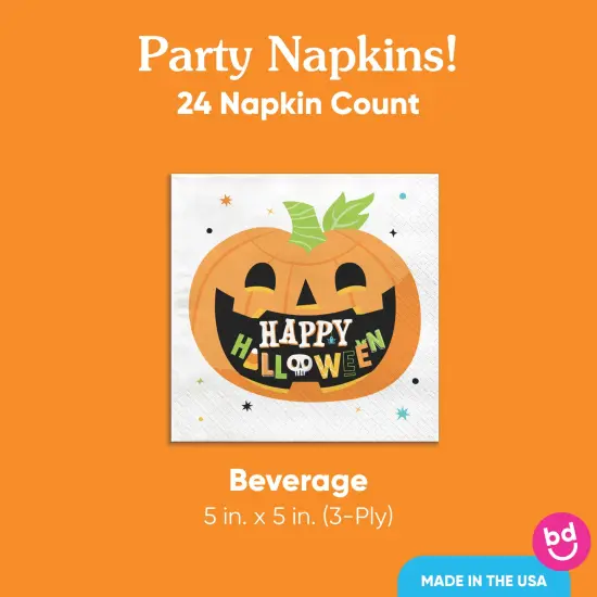 Big Dot of Happiness Jack-O'-Lantern Happy Halloween Party Napkins, Kids Halloween Party Decor, White 3-Ply Paper Beverage Napkins - 24 Count {5}