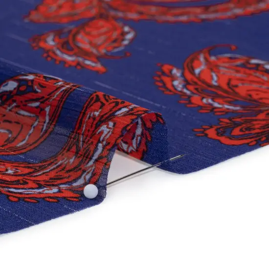 1 Yard Red and Blue Paisley Crinkled Polyester Chiffon Fabric Metallic Silver Pinstripes 56 Inches Width {2}