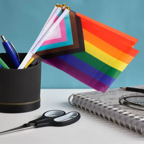 50 Pack Progress Rainbow Pride Small Hand Held Flag for Parades, Gay Stick USA American Rainbow Festival {4}