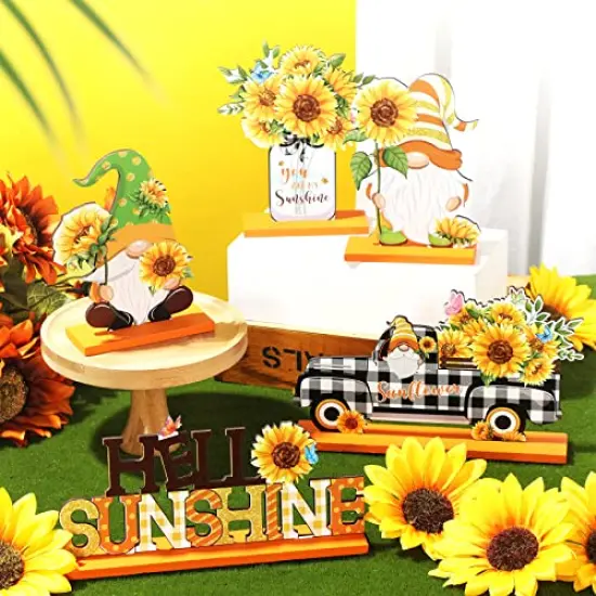 5 Pcs Sunflower Table Sign Sunflower Wooden Table Centerpieces Sign Summer Gnome Wooden Table Decor Sunshine Table Decoration Signs Gnome Wooden Centerpiece for Home Party(Colorful) {3}