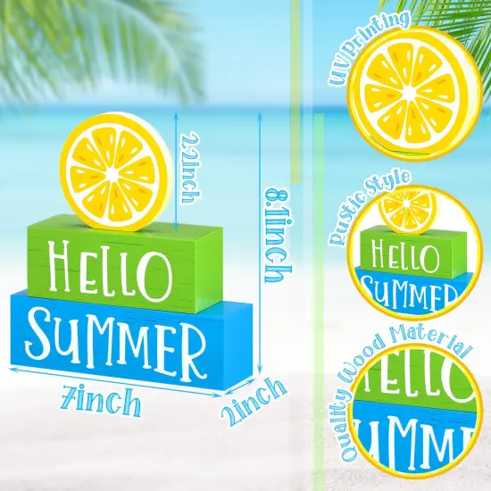 3 Pieces Summer Wooden Block Decor for Home Lemon Wooden Tiered Tray Block Decor Rustic Hello Summer Sign for Living Mantle Kitchen Table Party Decoration {4}