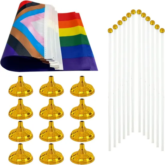 12 Pack Progress Pride Rainbow Desk Flag Small Mini Gay LGBT Table Flags With Stand Base,Rainbow Mardi Gras Festival Events Celebration Decorations {3}