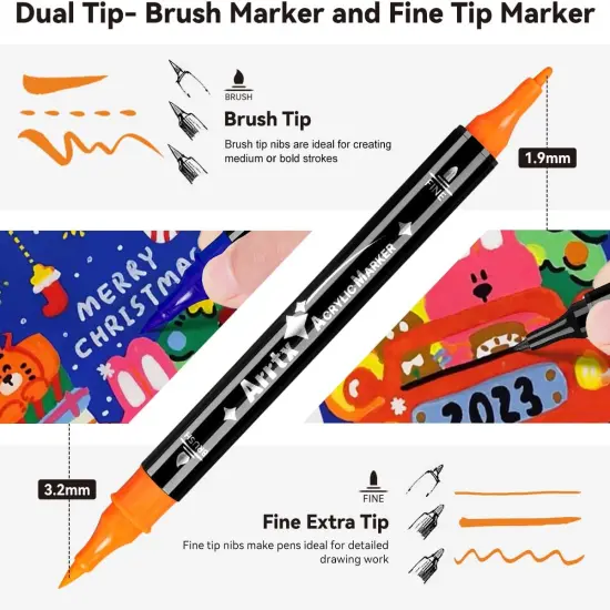 Acrylic Paint Pens 62PCS, Brush Tip and Fine Tip (Dual Tip), Paint Markers for Rock Painting, Water Based Acrylic Painting Supplies for Fabric Painting, Ceramic, Fabric, Canvas, Wood, Glass {3}